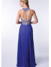 Jewel Neckline Beaded Royal Blue Chiffon Luxury Prom Dress